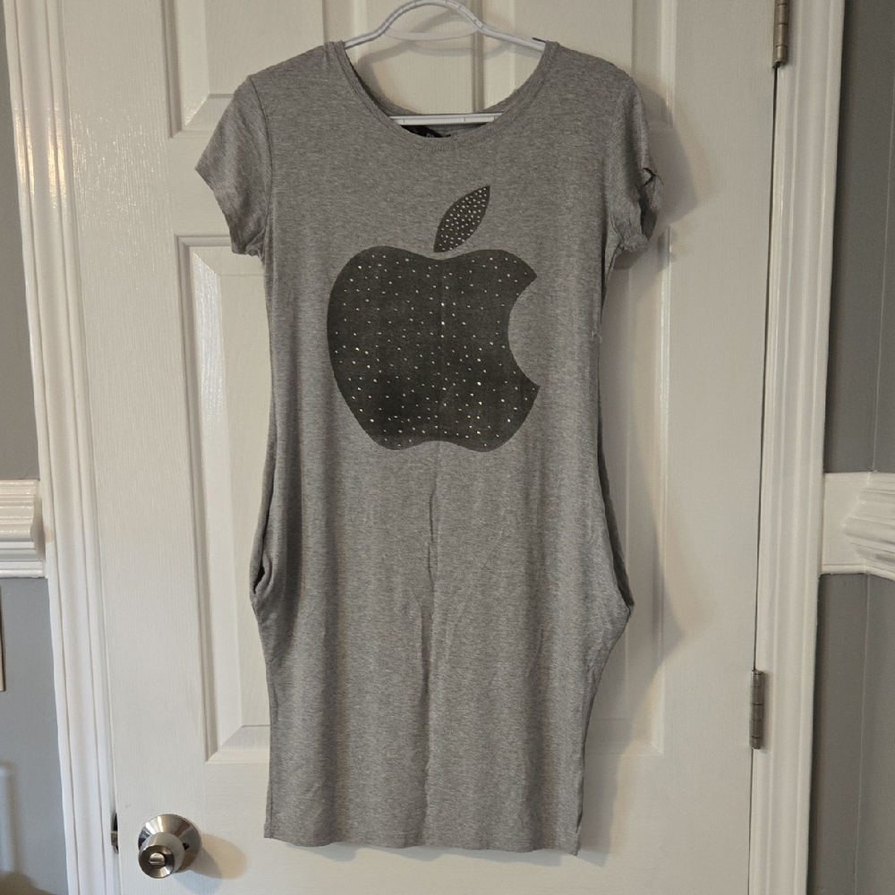 Gray T-Shirt Dress with Apple Design